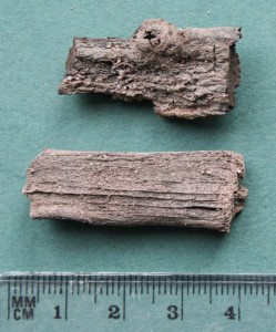 Wood fragments used for radiocarbon dating. Borehole sample, Grattan Street, Cork